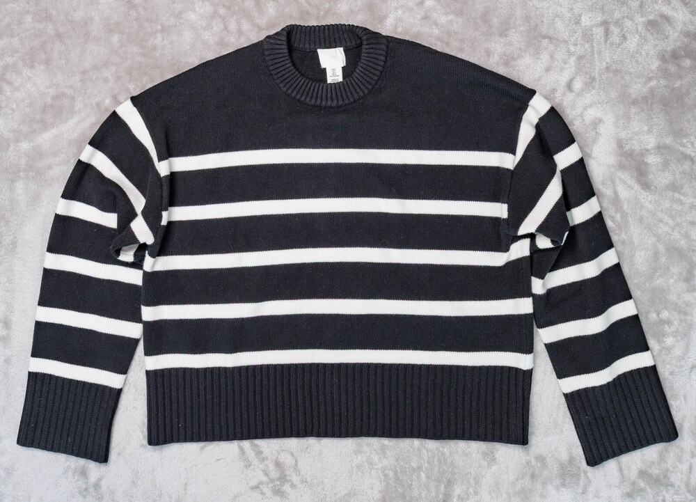 H&M Loose Fit Black Ivory Striped Crewneck Sweater Womens Size L